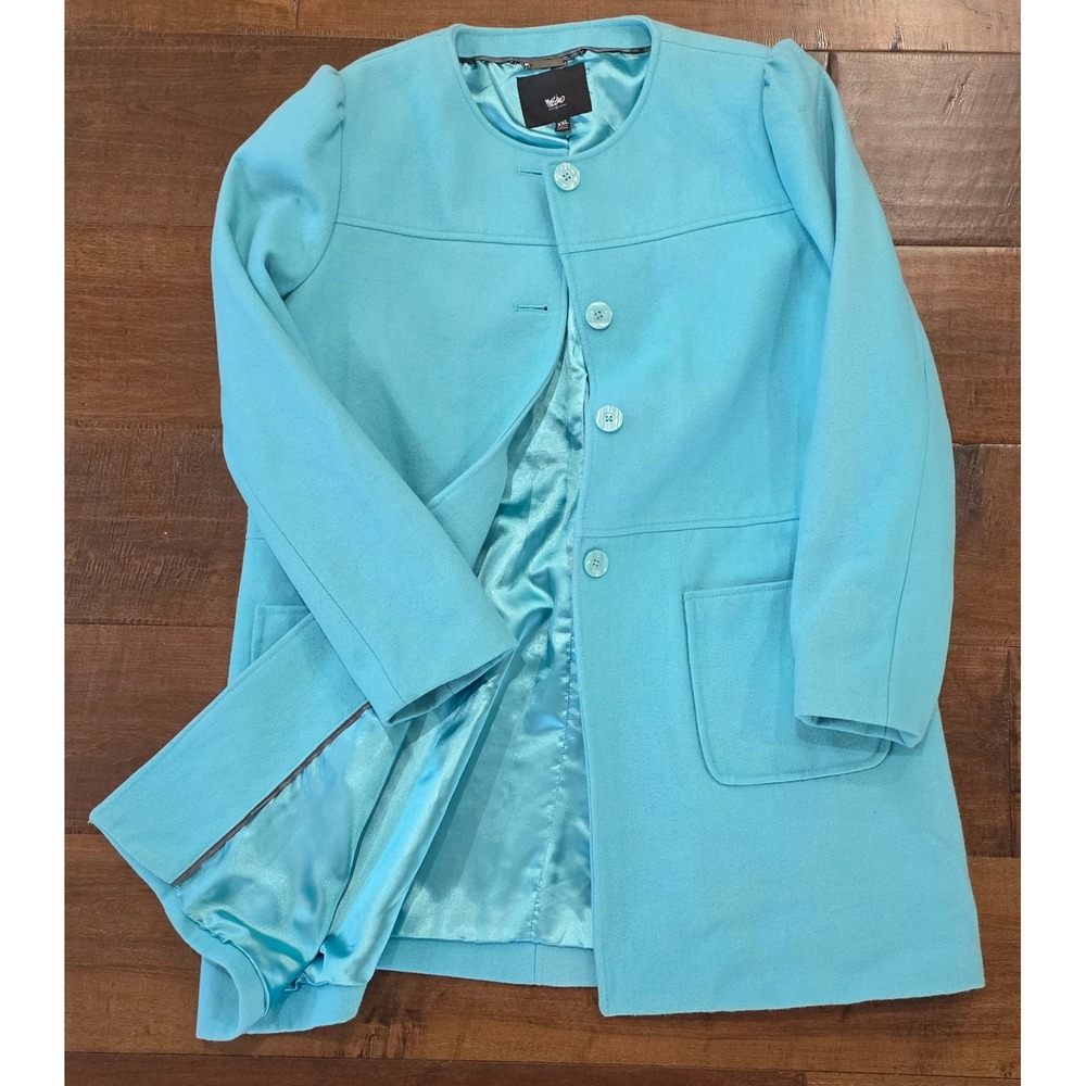 VTG Y2K Mod 60s Style XXL Turquoise Blue Wool Blend Collarless Button Coat